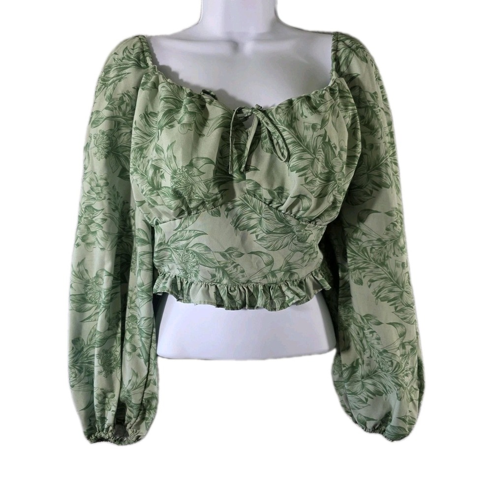 ELOQUII Blouse Women 20 Green Floral Crop Babydoll Puff Sleeve Smocked Tie Front